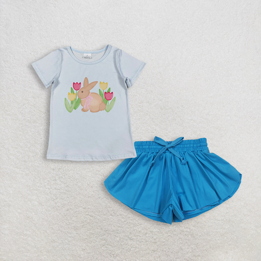 RTS NO MOQ GT1398+SS0549 Baby Girls Blue Short Sleeve Flowers Rabbits Easter T-shirts Top with Blue Yoga Skort Shorts Bottoms for Kids