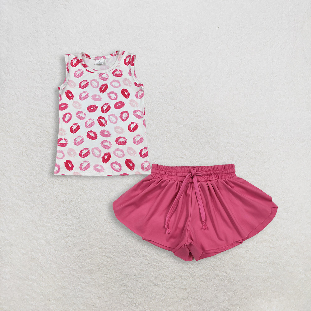 RTS NO MOQ GT1419+SS0545 Baby Girls Sleeveless Valentines Vest Tops in Hot Pink with Skort Shorts Bottoms