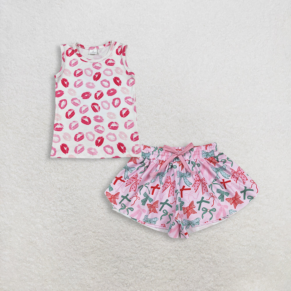 RTS NO MOQ GT1419+SS0578 Baby Girls Sleeveless Valentines Vest Tops Pink Green Bows Summer Shorts Bottoms