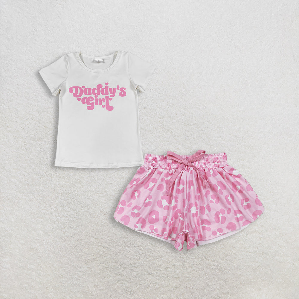 RTS NO MOQ GT1566+SS0587 Baby Girls Short Sleeve Daddy's Girl Hearts T-shirts Top Pink Leopard Summer Shorts Bottoms