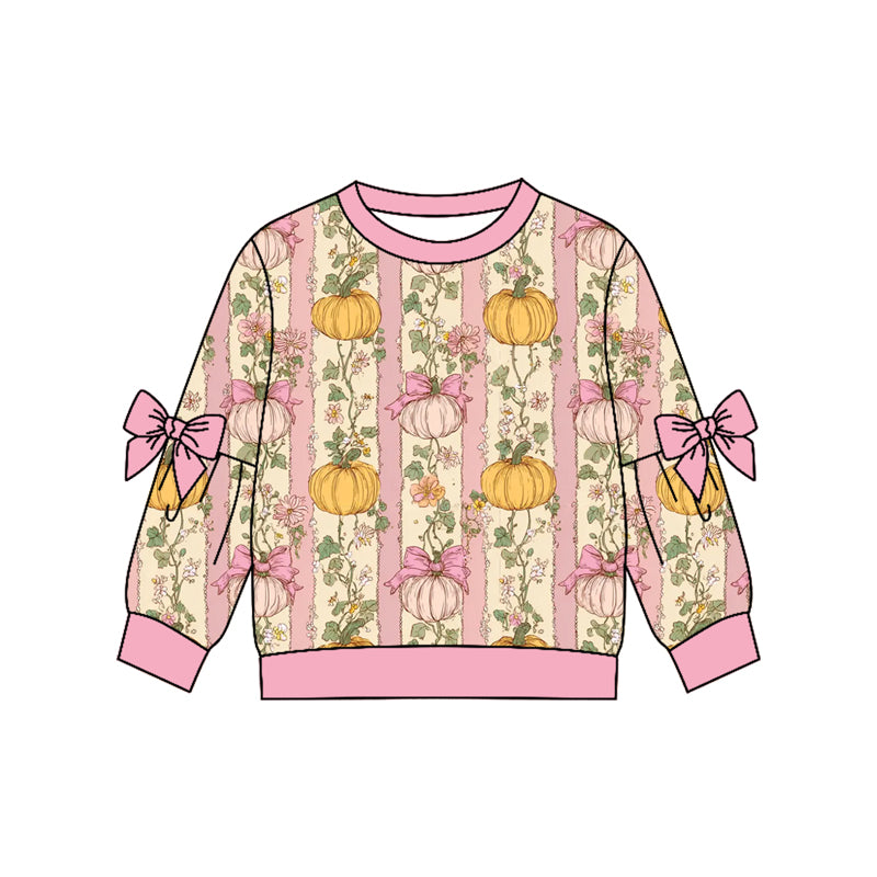(Pre Order) No moq GT1659 Baby Girls Striped Flower Pumpkin Long Sleeve Crew Neck Casual Daily Top
