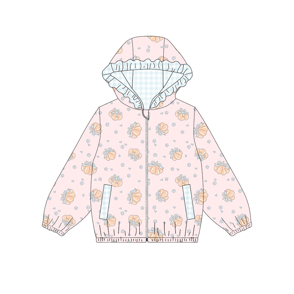 (Pre Order) No moq GT1660 Toddler Girls Autumn Flower Pumpkin Full Zip Hooded Sweatshirt With Side Pockets Casual Top