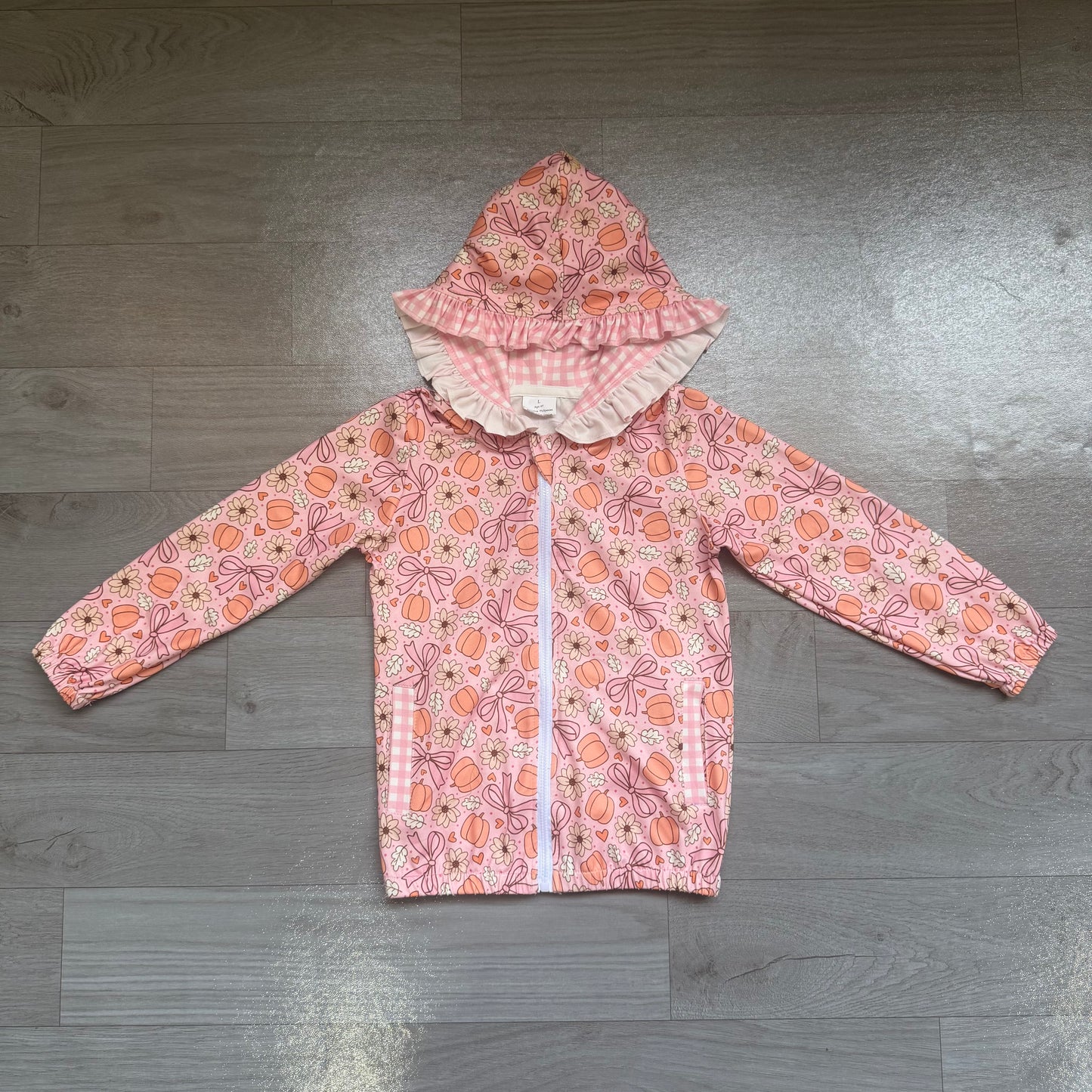 (Sample) No moq milk silk GT1661 Baby Girls Autumn Flower Bow Pumpkin Full Zip Side Pockets Hooded Sweatshirt Casual Top