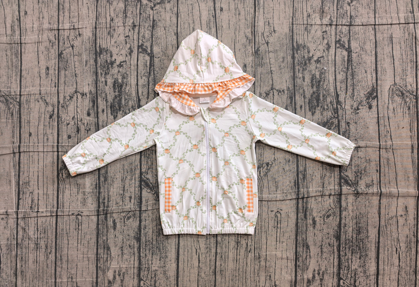 (Sample) No moq GT1662 Baby Girls Checked Floral Pumpkin Long Sleeve Zip Hoodie With Pockets Fall Top
