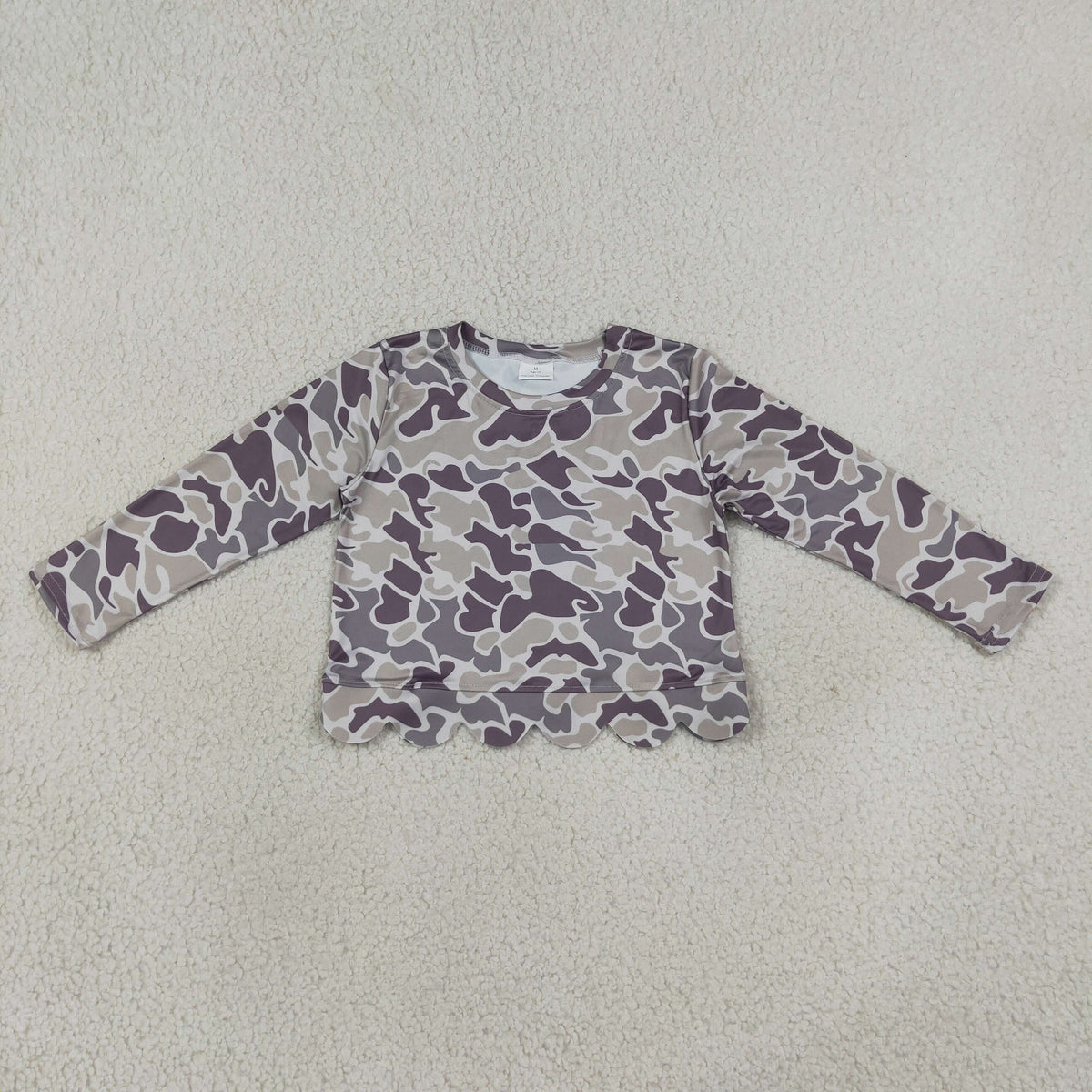 NEW RTS NO MOQ milk silk GT1685 Baby Girls Long Sleeve Grey Camo Scallop T-shirts Top