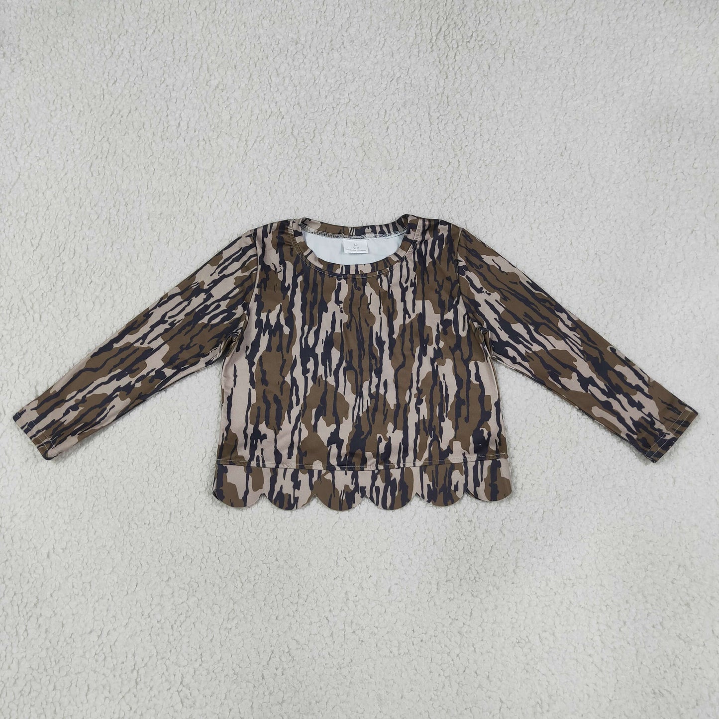 NEW RTS NO MOQ milk silk GT1686 Baby Girls Camo Print Long Sleeve Scallop Trim Crew Neck T Shirt Top