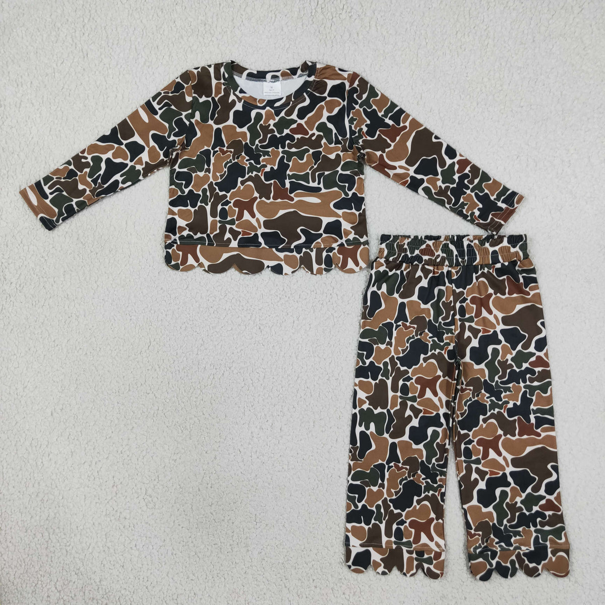 NEW RTS NO MOQ milk silk GT1688+P1145 Baby Girls Dark Brown Camo Scallop Trim Long Sleeve Top And Pants Pajama Set