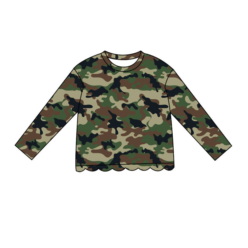 (Pre Order) No moq Baby Girls Casual Camo Long Sleeve Top Scallop Pockets Skirt Shorts Bottom Sets