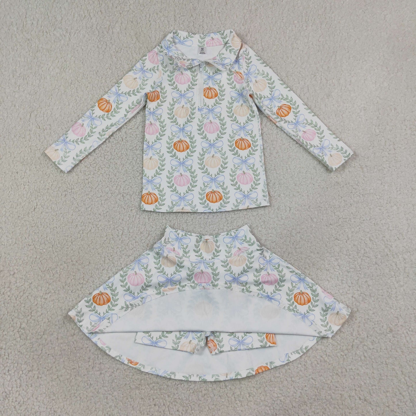 RTS NO MOQ yoga fabric GLD1635 (GT1705+GLK0317)Baby Girls Colorful Pumpkin Bow Zip Pullover Short Skirt Yoga Active Sets