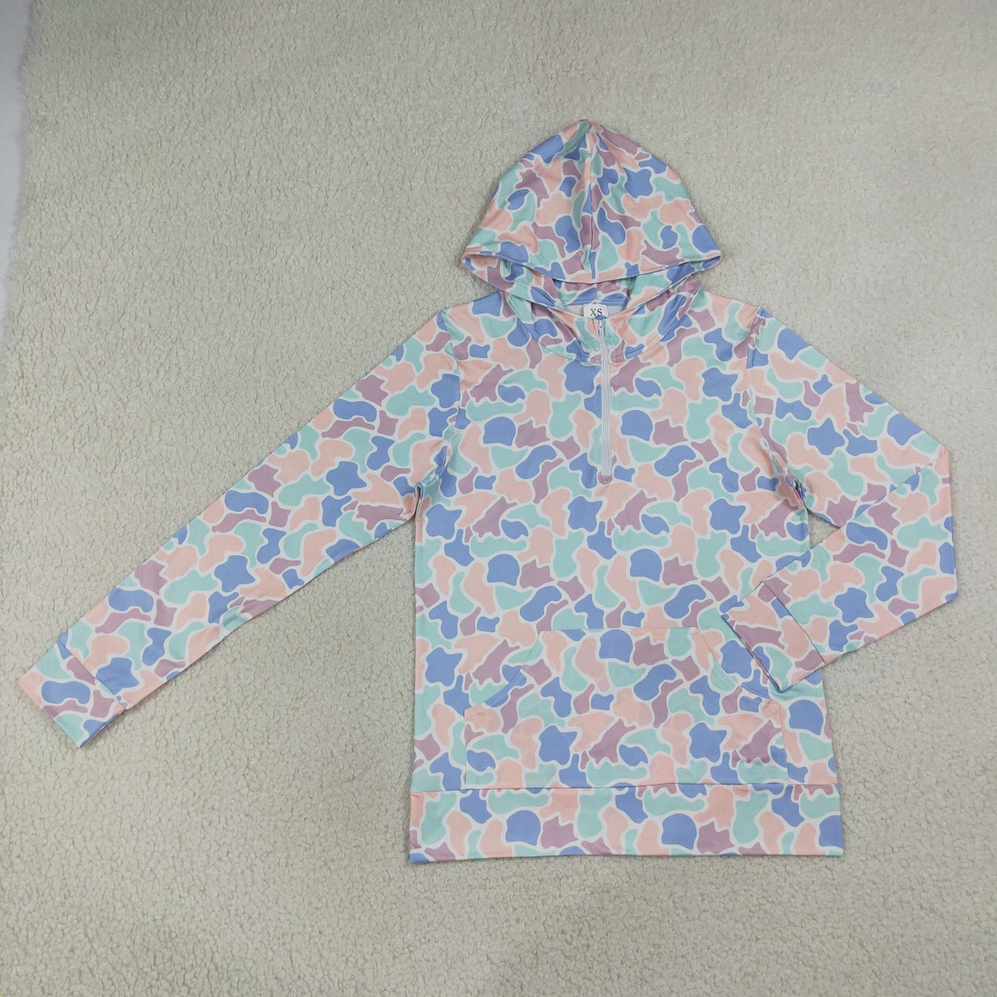RTS NO MOQ Sibling milk silk Adult Women Camo Print Zip Pocket Long Sleeve Hoodie Top