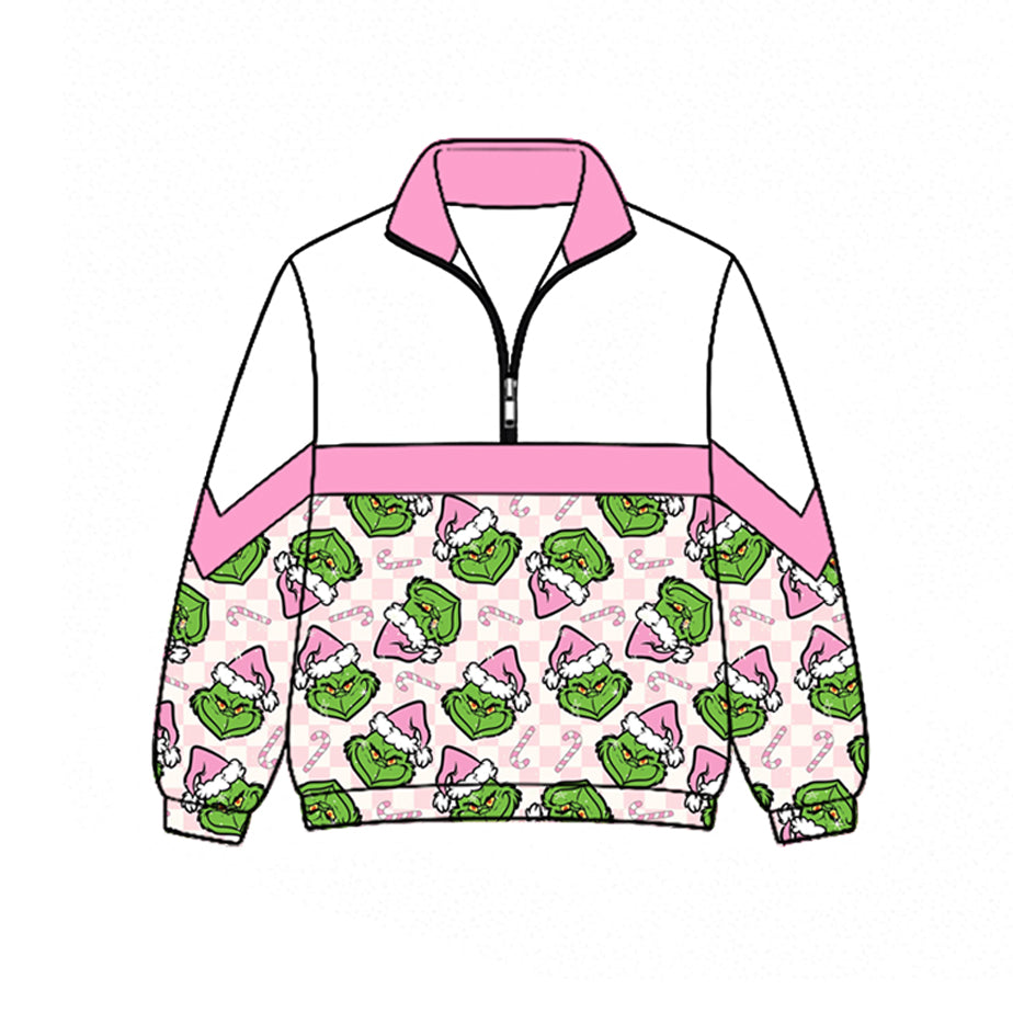 (Preorder new) No moq GT1724 Baby Girls Green Candy Cane Christmas Zip Pullover Tops