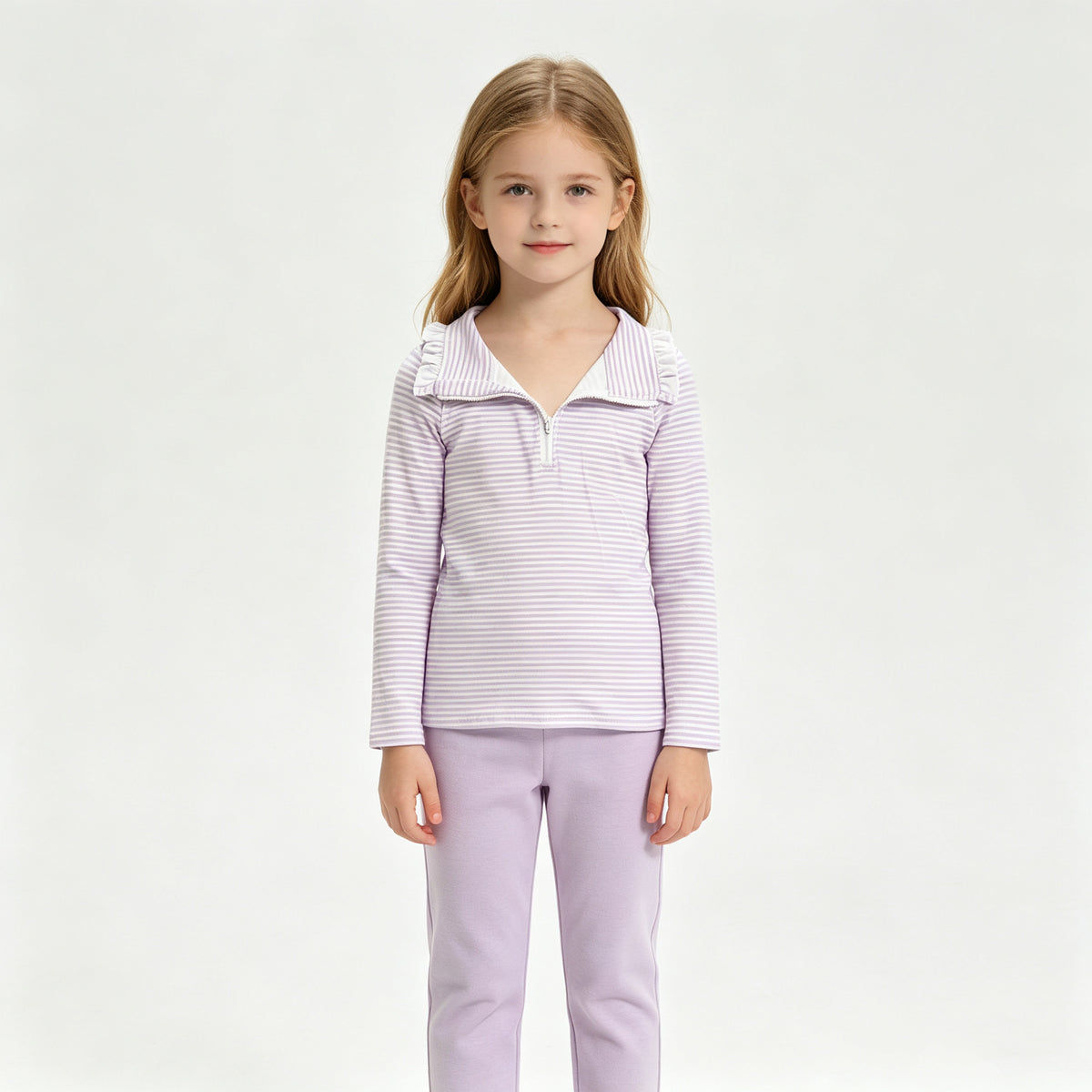 (Sample) No moq milk silk GT1758 Baby Girls Long Sleeve Lavender Stripe Zip Pullovers Casual Top