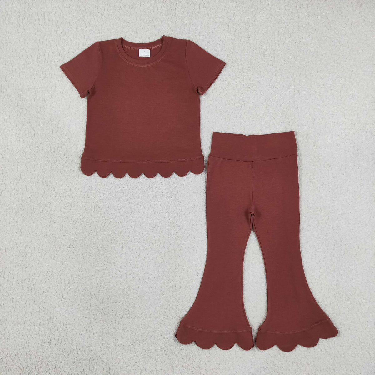 NEW RTS NO MOQ cotton GSPO2347(GT1777+P1085)Baby Girls Brown Short Sleeve Shirts Top Flare Pant Scallop Casual Set