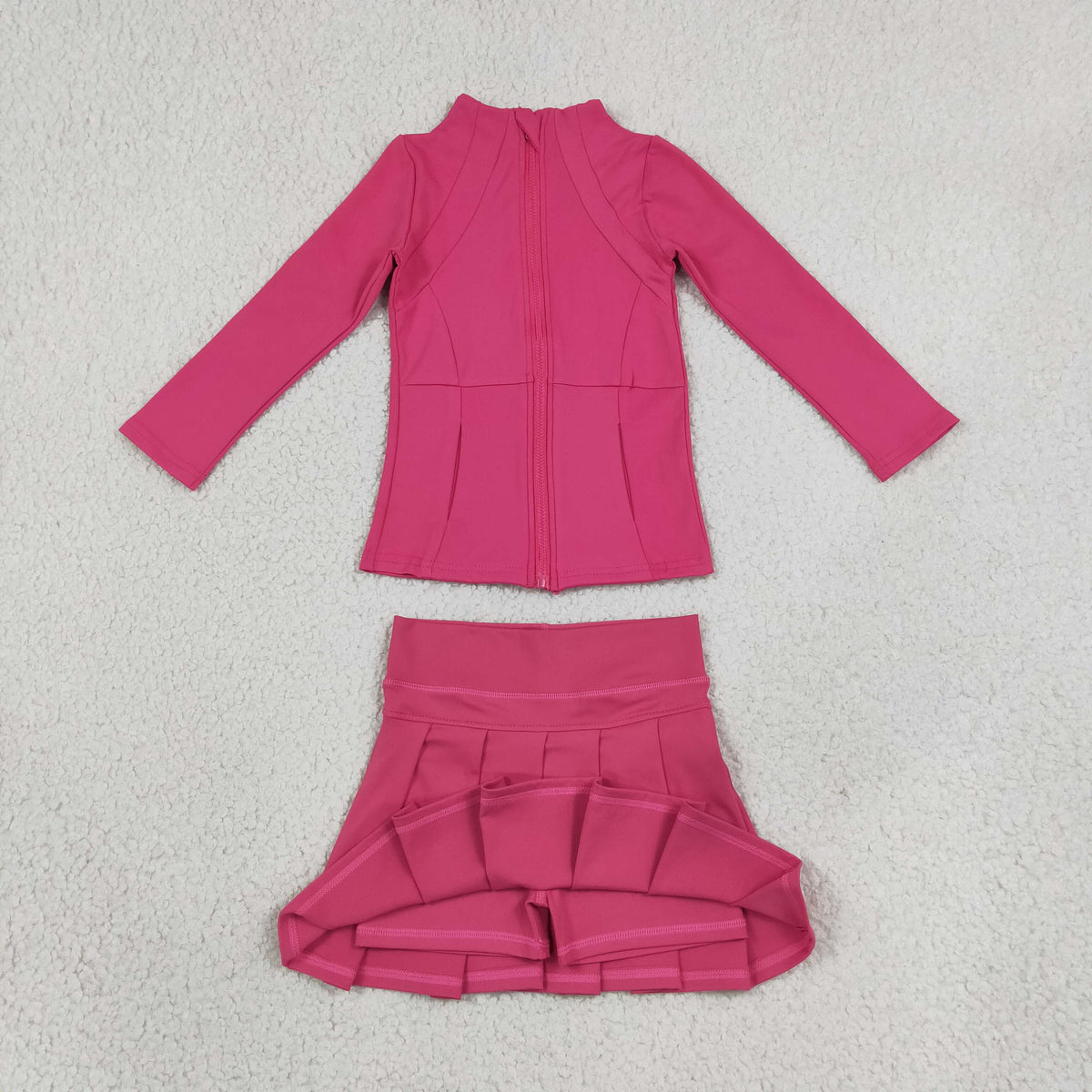 NEW RTS NO MOQ yoga fabric cotton GLD1703 (GT1802+GLK0079)Yoga Girls Hot pink Zip Long Sleeve Top Skorts Bottom Pleated Skirts Yoga Set