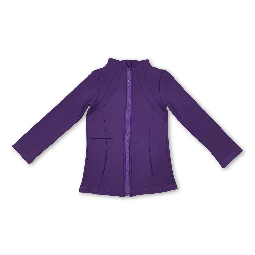RTS NO MOQ Sibling yoga fabric cotton Baby Girls Solid Full Zip Stand Collar Long Sleeve Jacket With Side Pockets Yoga Jacket