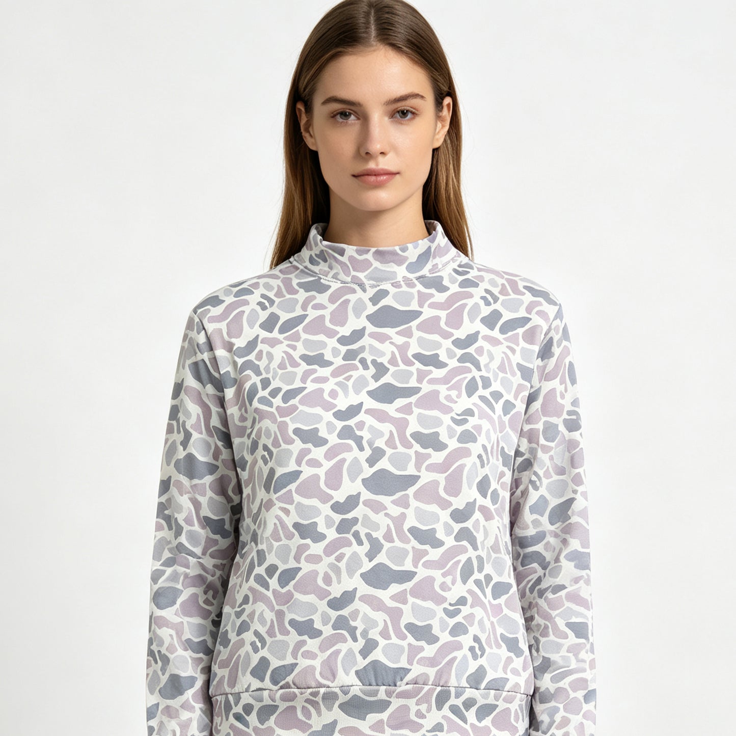 (Sample) No moq yoga fabric GT1816 Yoga Adult Women Light Grey Camo Yoga High Neck Long Sleeve Tee Shirts Top Casual Daily Wear Top