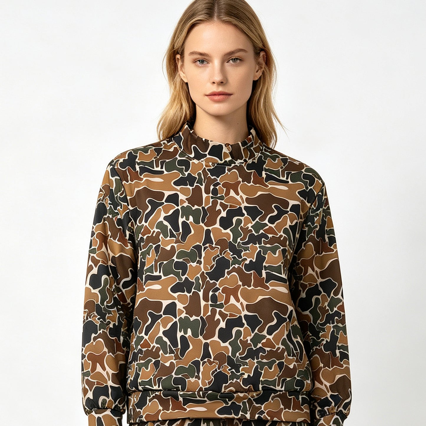 (Sample) No moq yoga fabric GT1817 Yoga Adult Women High Neck Dark Brown Camo Yoga Active Long Sleeve T‑shirts Top
