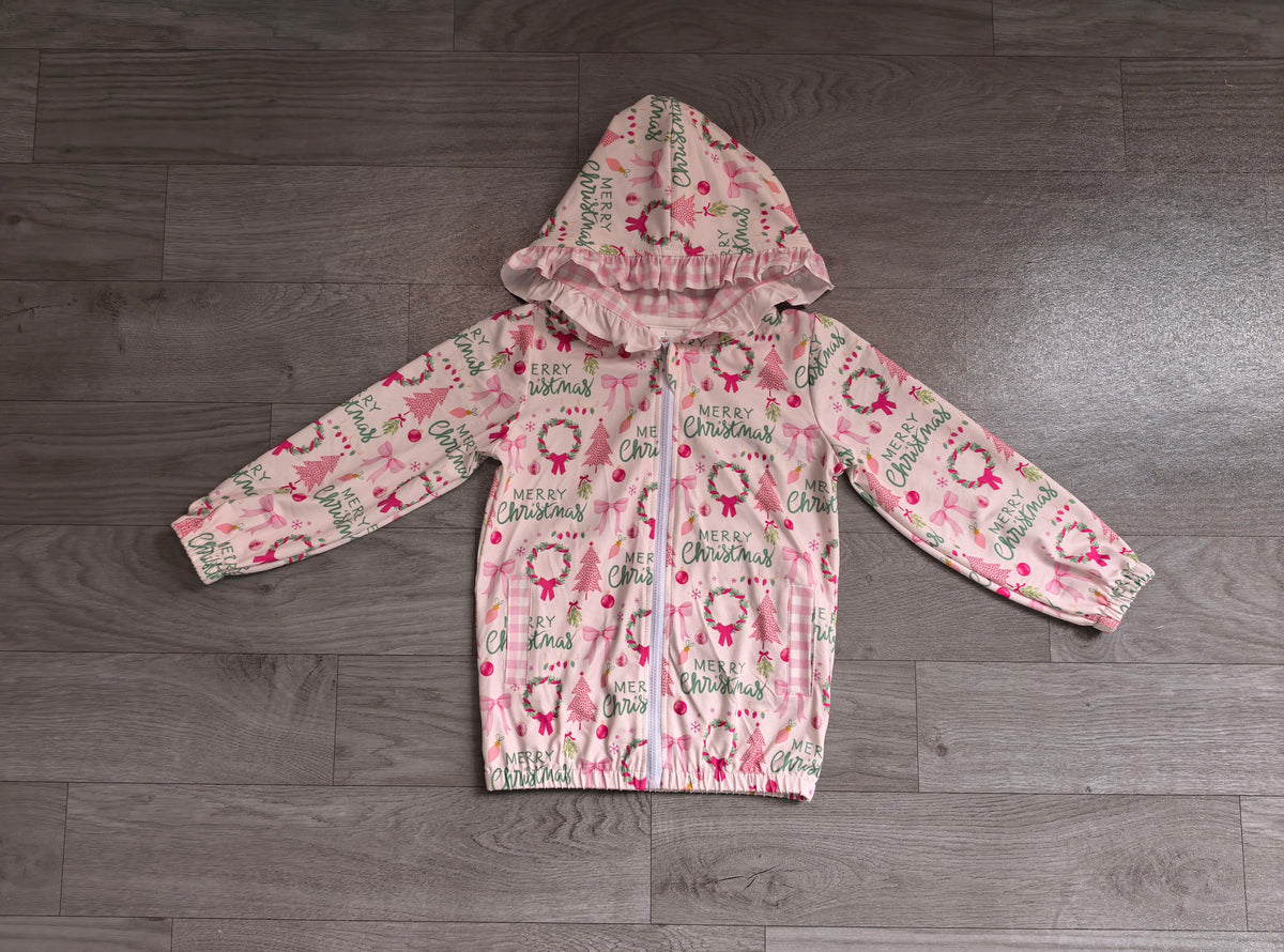 (Sample) No moq milk silk GT1822 Baby Girls Holly Trees Zip Pockets Ruffle Hoodie Jacket Holiday Top