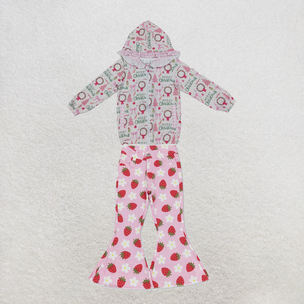 NEW RTS NO MOQ Denim GT1822+P0396 Baby Girls Pink Christmas Print Ruffle Hooded Zip Jacket And Strawberry Flowers Denim Bell Bottom Pants Set