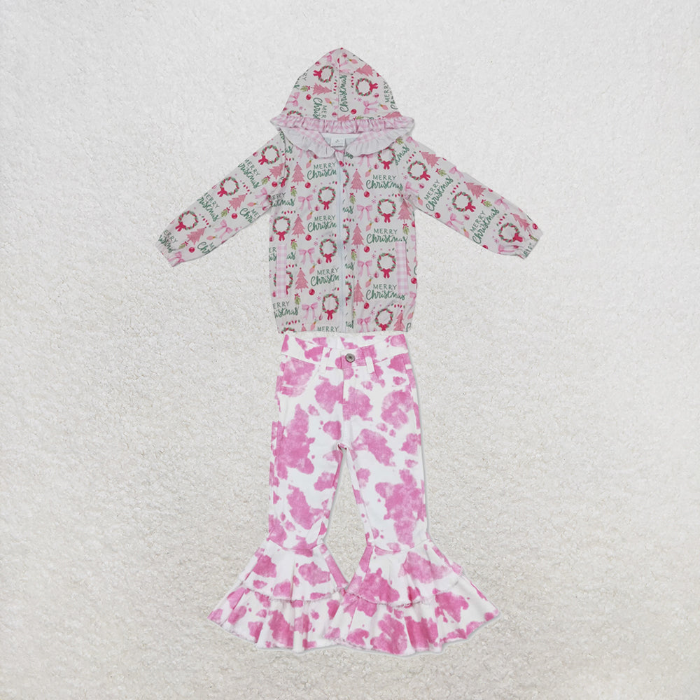 NEW RTS NO MOQ Denim GT1822+P0406 Baby Girls Pink Christmas Print Ruffle Hooded Zip Jacket Pink Cow Double Ruffle Bell Flare Denim Pants Set