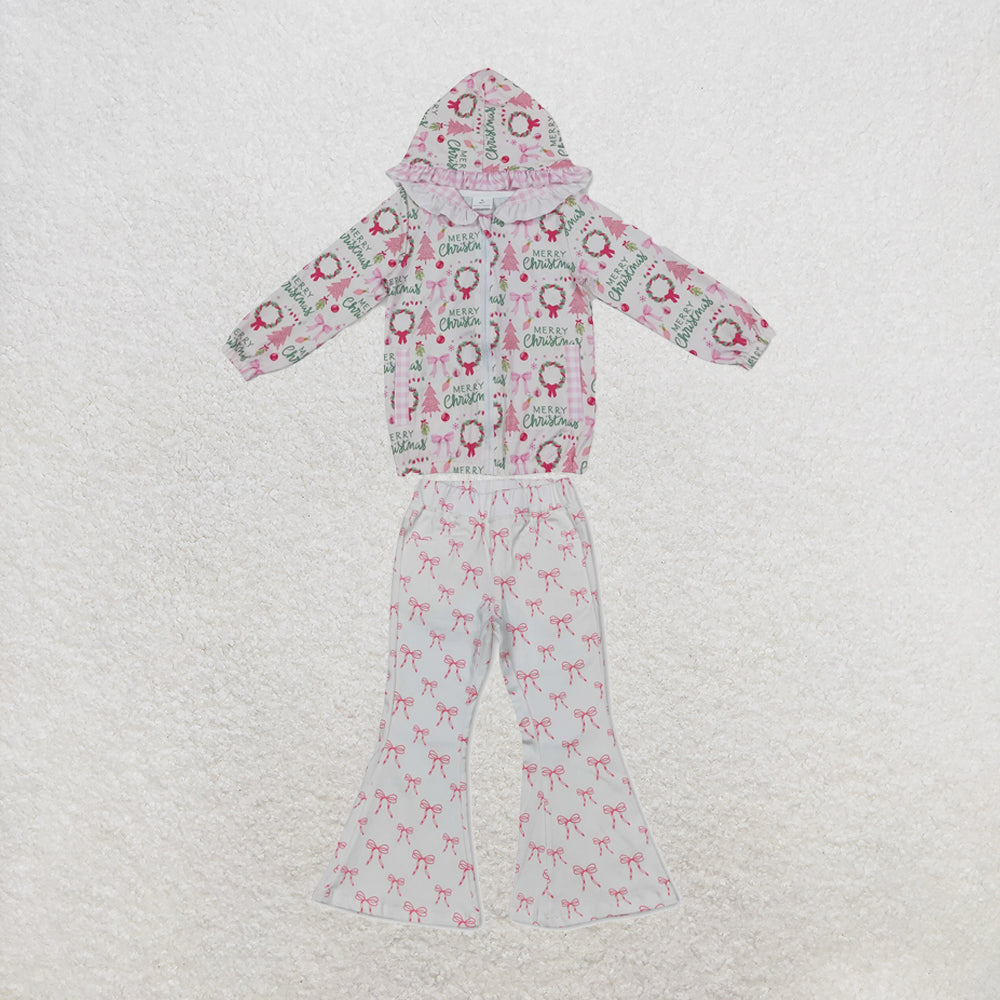 NEW RTS NO MOQ Denim GT1822+P0732 Baby Girls Pink Christmas Print Ruffle Hooded Zip Jacket Pink Cute Bows Denim Flare Pants Jeans Set