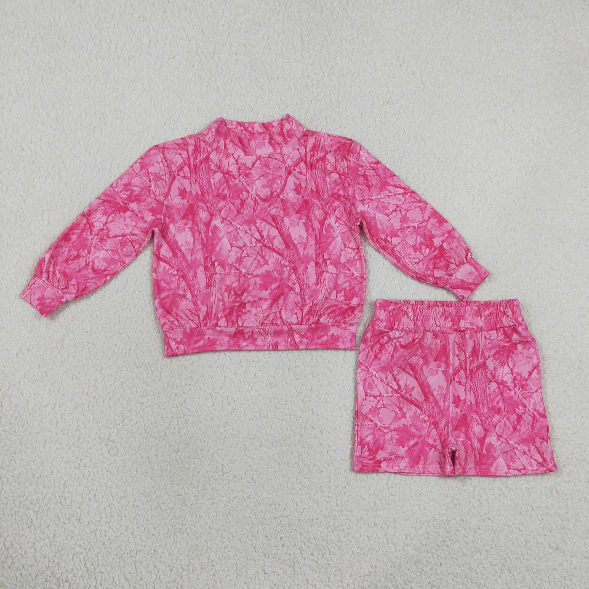 RTS NO MOQ Sibling milk silk High Neck Baby Girls Pink Camo Long Sleeve Sweatshirt Drawstring Pants Matching Outfit