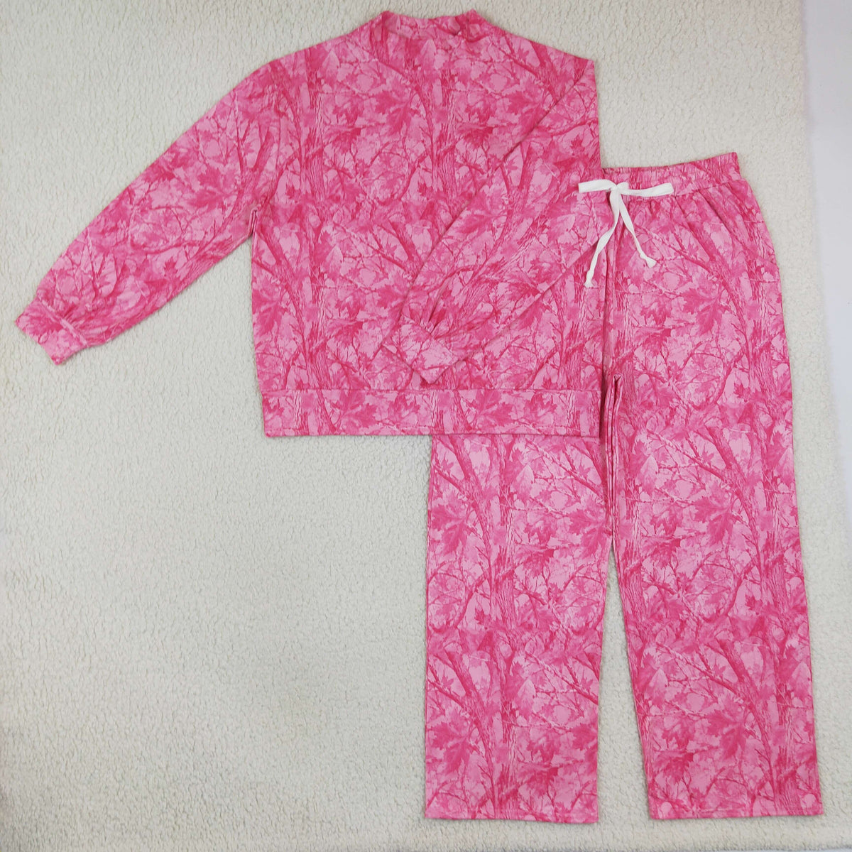 RTS NO MOQ Sibling milk silk Adult To Match Kids High Neck Pink Camo Long Sleeve Sweatshirt Drawstring Pants Outfit