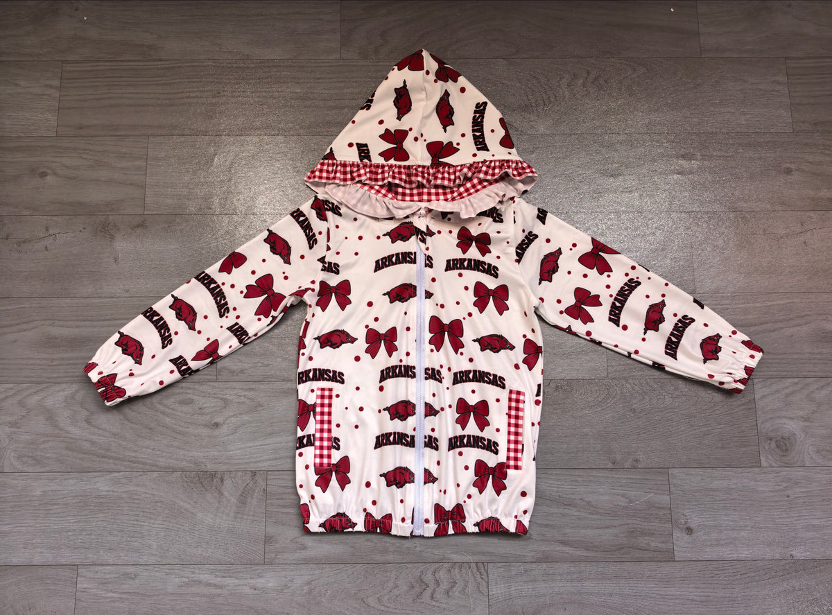 (Sample) No moq milk silk GT1830 Baby Girls Bows Zip Pockets Team Ruffle Hoodie Jackets Top