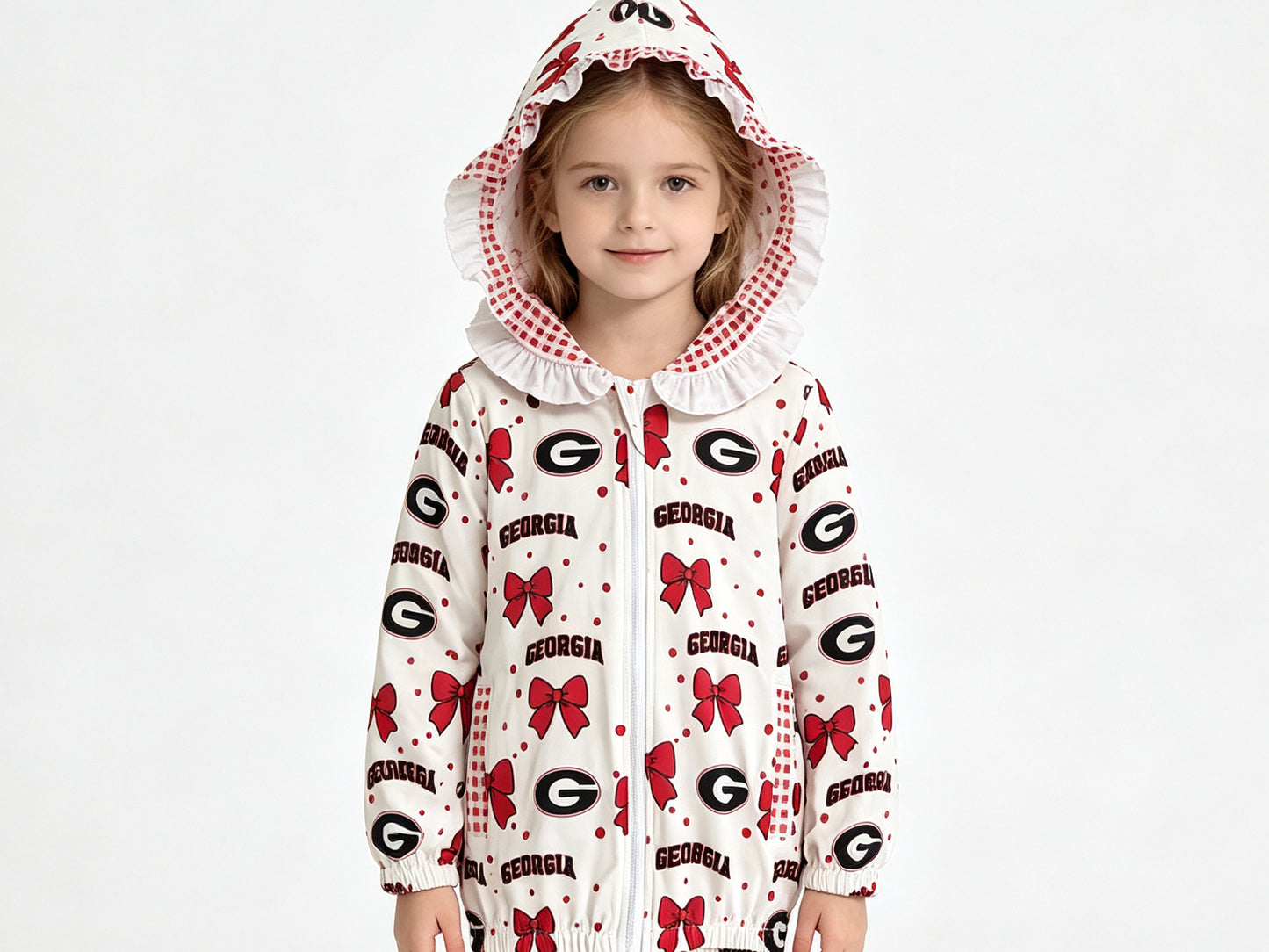 (Sample) No moq milk silk GT1831 Baby Girls Bows Zip Pockets Team Ruffle Hoodie Jackets Top Casual Top