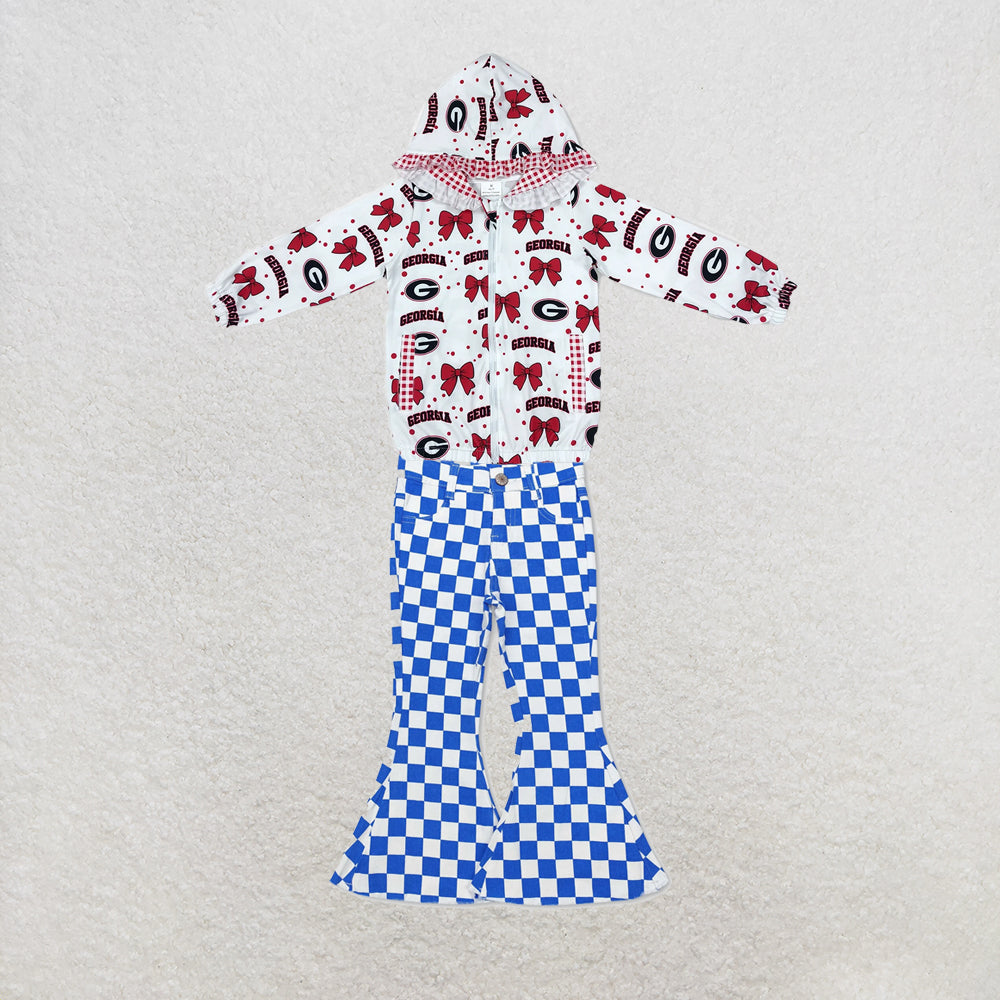 NEW RTS NO MOQ Denim GT1831+P0610 Baby Girls Bow Print Zip Pockets Team Ruffle Hoodie Jackets Top Blue White Checkered Denim Bell Bottom Pants Team Set
