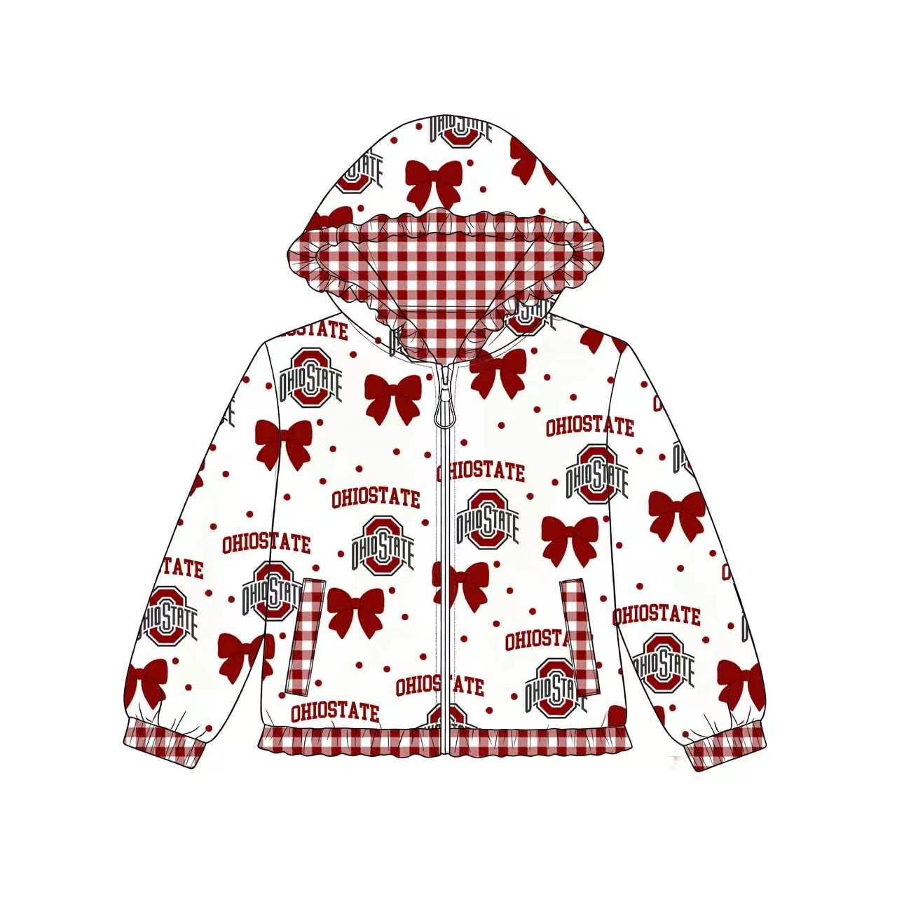 (Preorder new) No moq GT1833 Baby Girls Bow Team Zip Up Ruffle Trim Hoodie Jacket Top With Side Pockets
