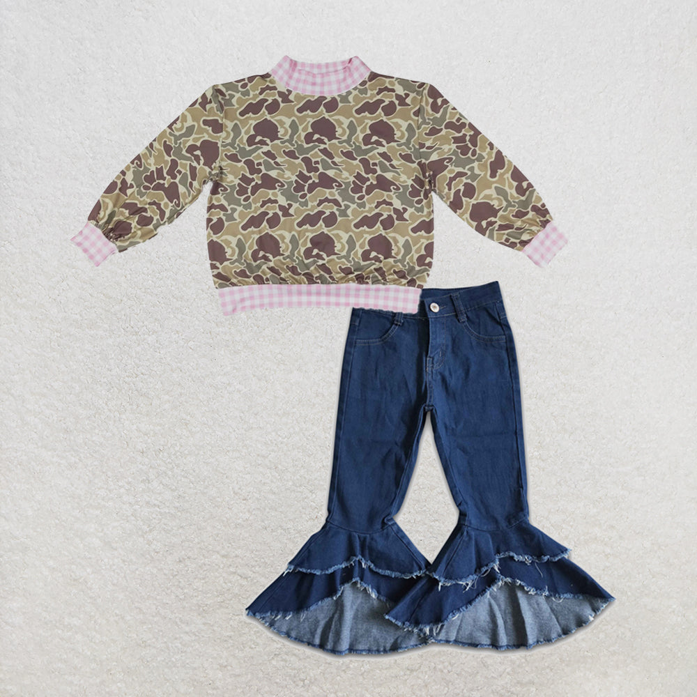 NEW RTS NO MOQ Denim GT1841+ P0007 High Neck Baby Girls Camo Print Pink Gingham Trim Top With navy double ruffle Denim Pants Set