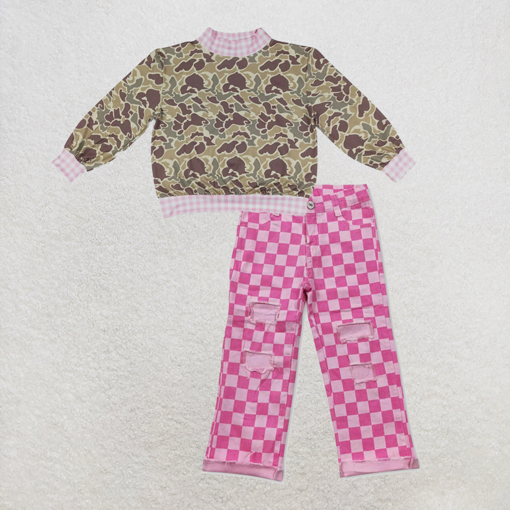 NEW RTS NO MOQ Denim GT1841+ P0096 High Neck Baby Girls Camo Print Pink Gingham Trim Top With Pink Checkered Denim Pants Set