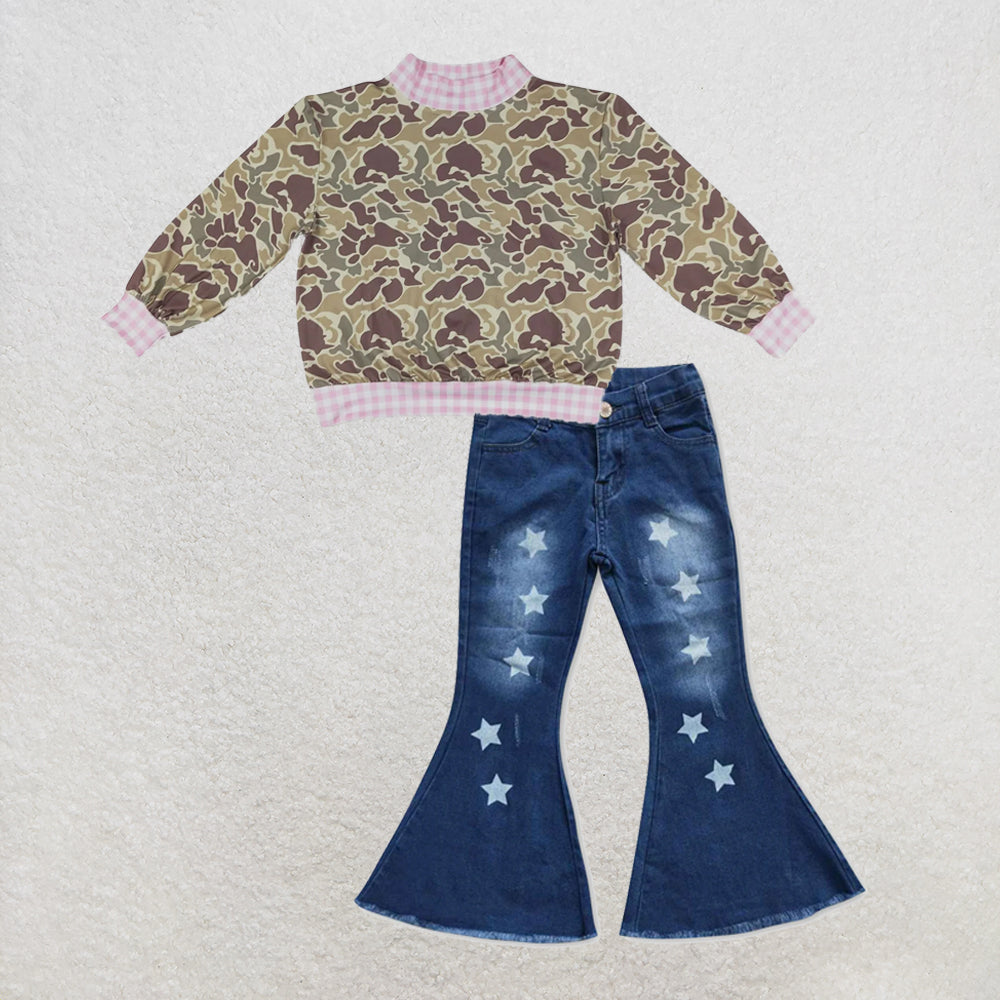 NEW RTS NO MOQ Denim GT1841+ P0127 High Neck Baby Girls Camo Print Pink Gingham Trim Top With Stars Denim Pants Set