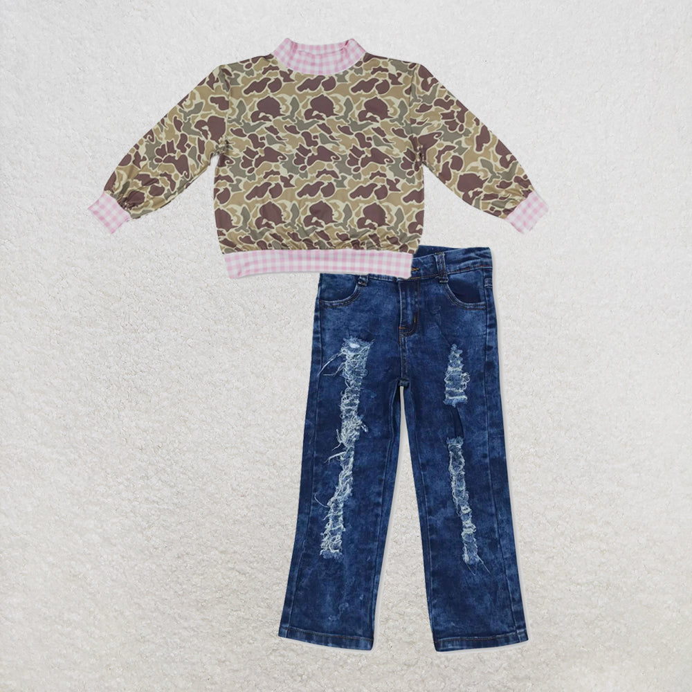 NEW RTS NO MOQ Denim GT1841+ P0197 High Neck Baby Girls Camo Print Pink Gingham Trim Top With Distressed Navy Blue Denim Pants Set