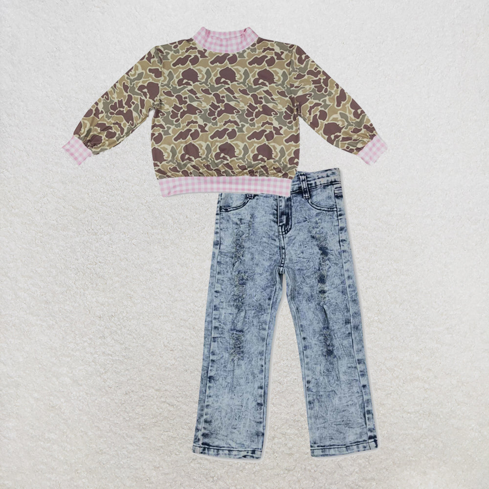 NEW RTS NO MOQ Denim GT1841+ P0244 High Neck Baby Girls Camo Print Pink Gingham Trim Top With Denim Pants Set