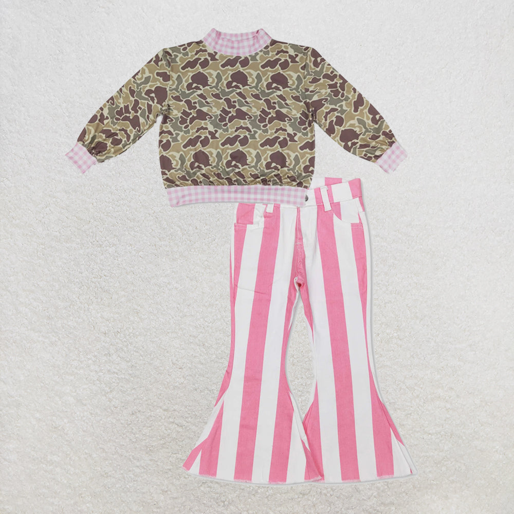 NEW RTS NO MOQ Denim GT1841+ P0315 High Neck Baby Girls Camo Print Pink Gingham Trim Top With Pink Stripes Valentines Denim Pants Set