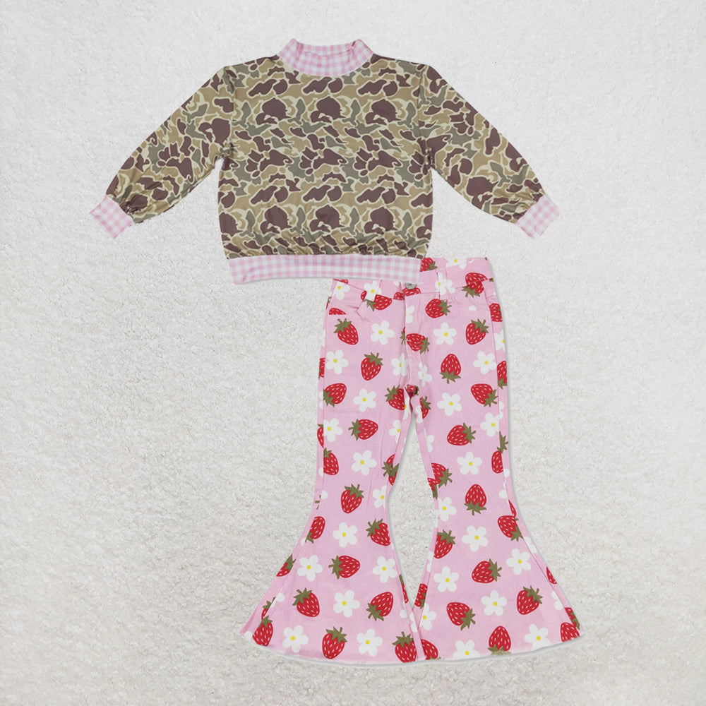 NEW RTS NO MOQ Denim GT1841+ P0396 High Neck Baby Girls Camo Print Pink Gingham Trim Top With Strawberry Flowers Denim Pants Set