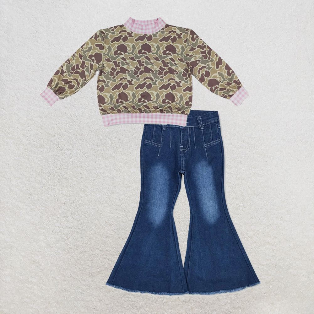 NEW RTS NO MOQ Denim GT1841+ P0457 High Neck Baby Girls Camo Print Pink Gingham Trim Top With Western Navy Denim Pants Set