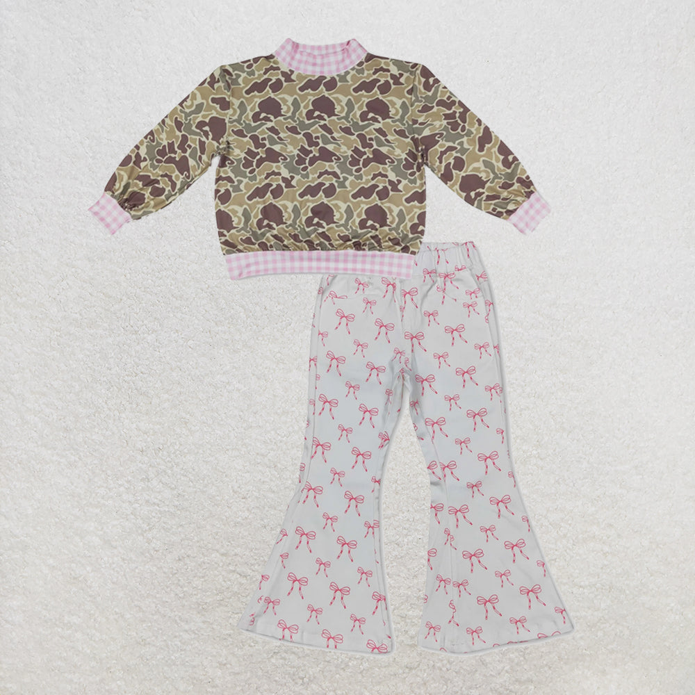 NEW RTS NO MOQ Denim GT1841+ P0732 High Neck Baby Girls Camo Print Pink Gingham Trim Top With Pink Cute Bows Denim Pants Set