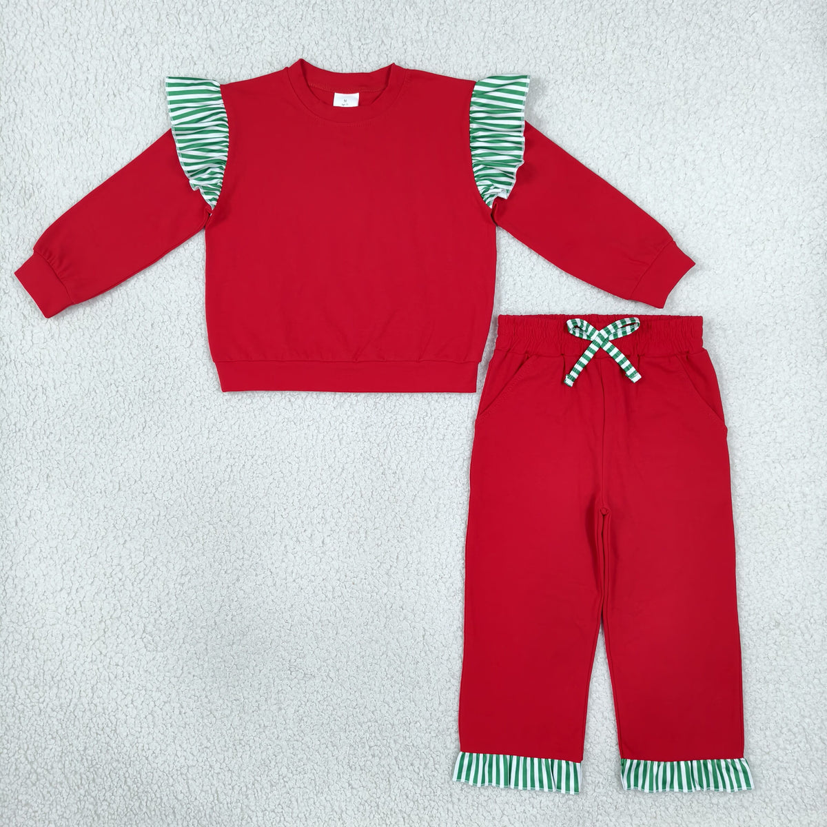 NEW RTS NO MOQ milk silk GLP3697(GT1844+P1153)Baby Girls Red Green Stripe Long Sleeve Top Pockets Ruffle Pant Set