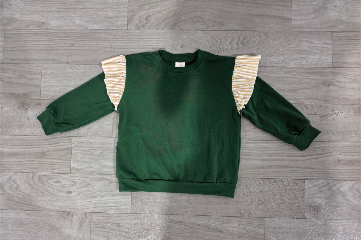 (Sample) No moq cotton GT1845 Baby Girls Green Stripe Long Flutter Sleeve Casual T Shirts Top For Toddler Daily Wear