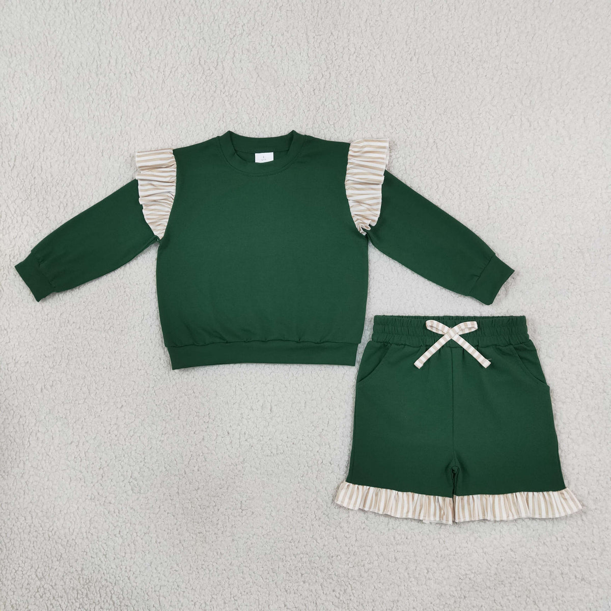 NEW RTS NO MOQ cotton GLS0218(GT1845+SS0998)Baby Girls Green Stripe Flutter Sleeve Top Pockets Ruffle Short Set