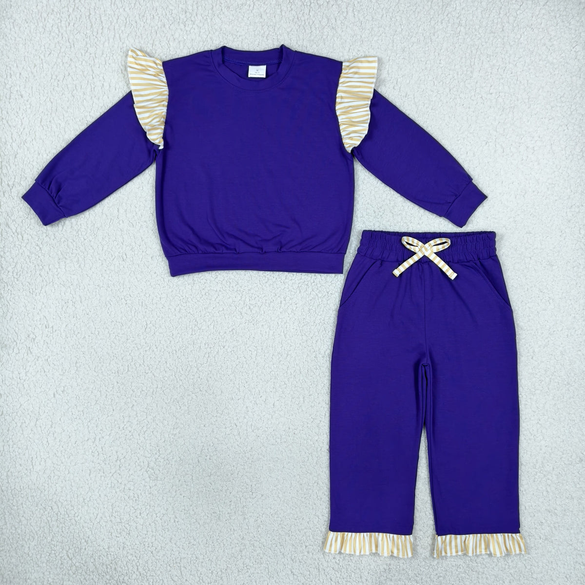 NEW RTS NO MOQ milk silk GT1846+P1155 Baby Girls Purple Khaki Stripe Flutter Sleeve Top Pockets Ruffle Pant Set