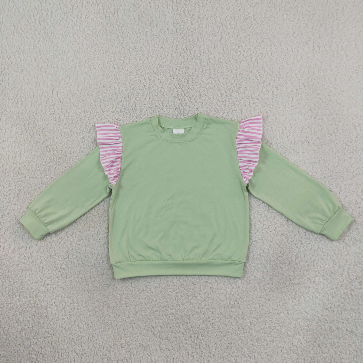 NEW RTS NO MOQ cotton GT1847 Baby Girls Light Green Stripe Long Flutter Sleeve Casual T Shirts Top For Daily Wear