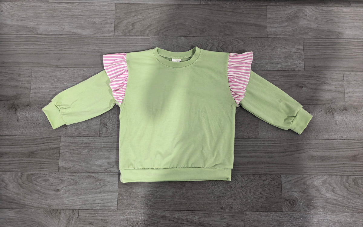 (Sample) No moq cotton GT1847 Baby Girls Light Green Stripe Long Flutter Sleeve Casual T Shirts Top For Toddler Daily Wear