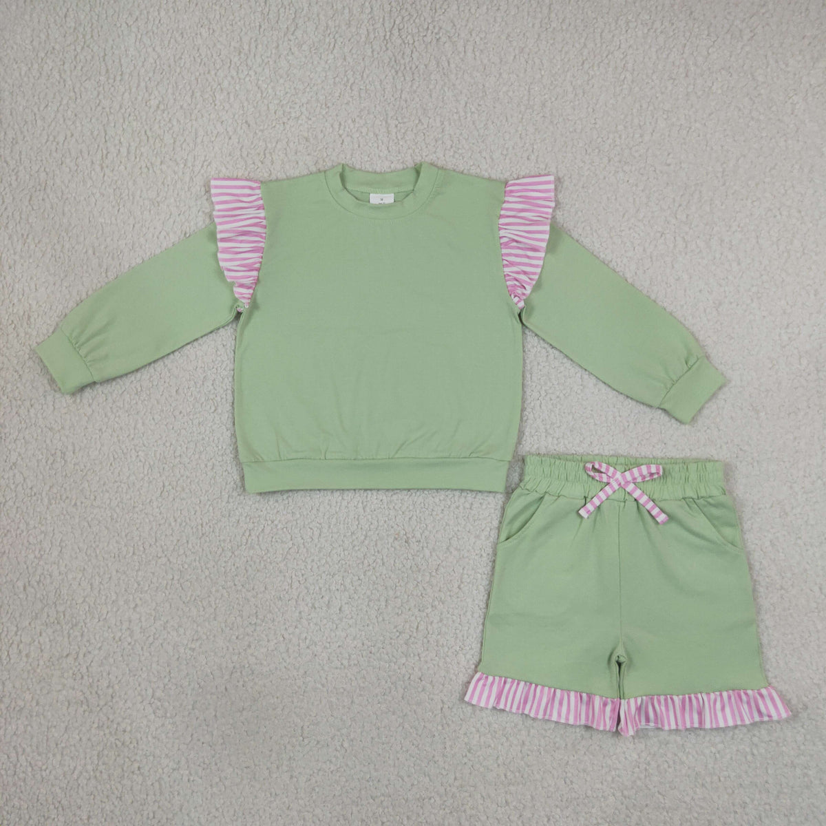 NEW RTS NO MOQ milk silk GLS0220(GT1847+SS1000)Baby Girls Green Light Pink Stripe Flutter Sleeve Top Pockets Ruffle Short Set