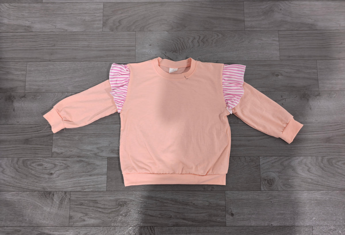 (Sample) No moq cotton GT1849 Baby Girls Light Pink Stripe Long Flutter Sleeve Casual T Shirts Top For Toddler Daily Wear