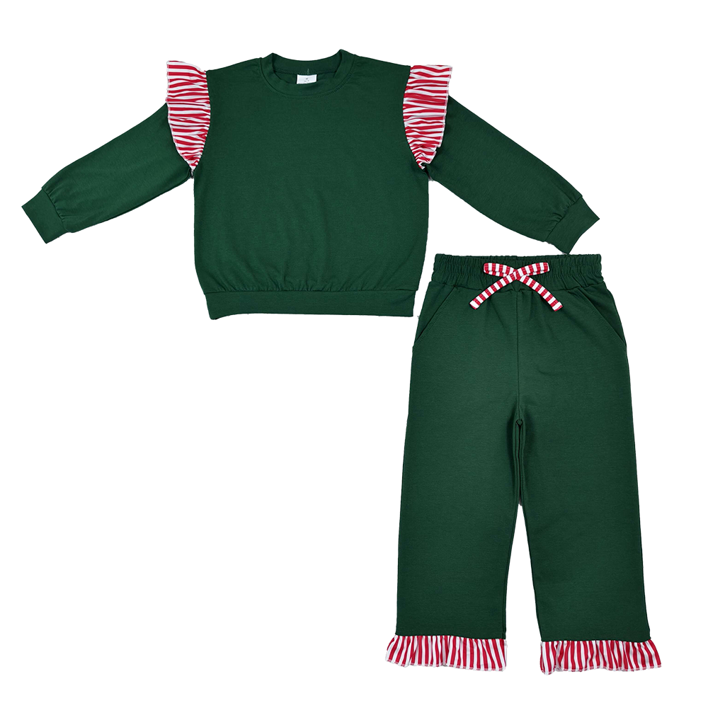 RTS NO MOQ Sibling cotton Baby Girls Holiday Ruffle Shoulder Top And Striped Hem Jogger Pants Set