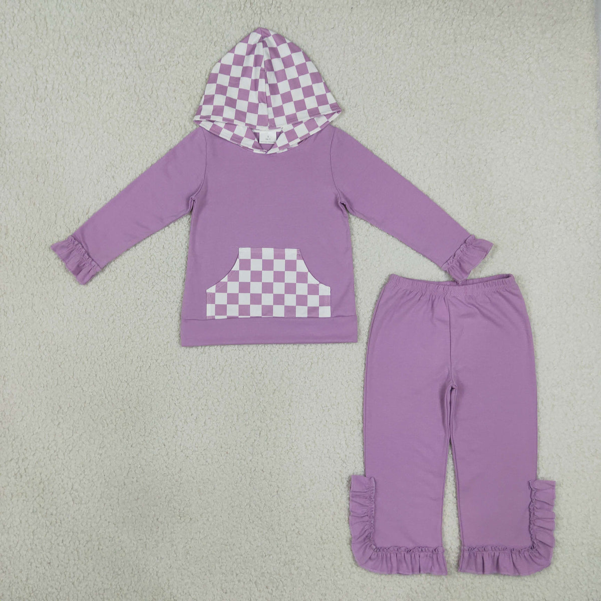 RTS NO MOQ Sibling cotton Baby Girls Checkerboard Print Hooded Top Ruffle Hem Pants Set